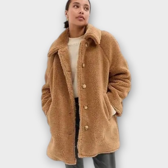 GAP Sherpa Teddy Coat XL Camel Brown Womens - Picture 3 of 12
